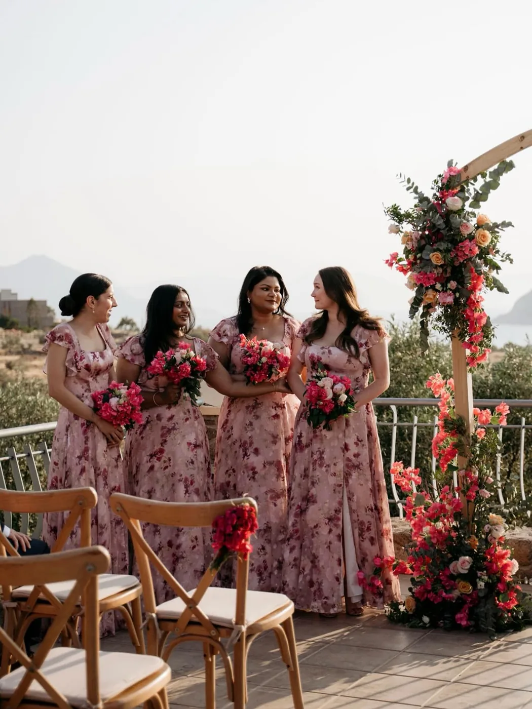The flower arch on the terrace, the Saronic behind